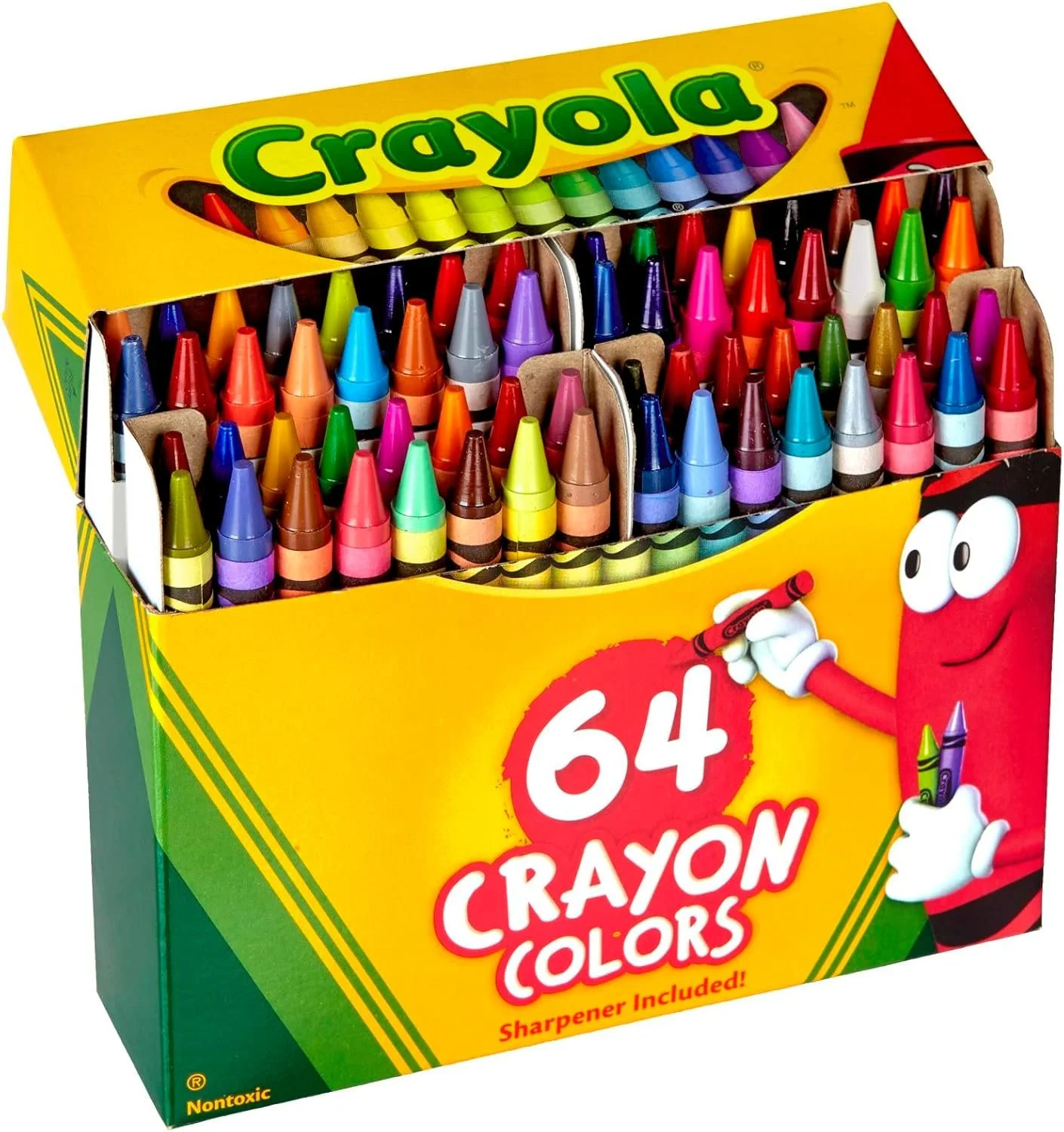 A box of 64 Crayon Colors with a cartoon red crayon character holding a crayon and a red marker, showing a variety of colorful crayons inside.