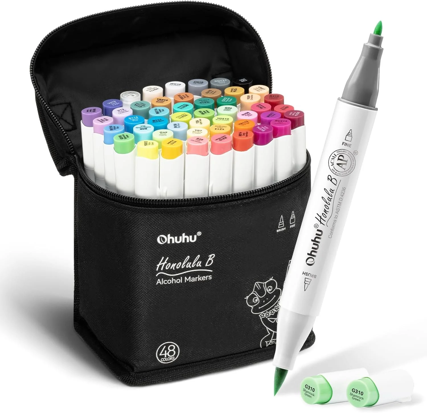 A black carrying case filled with colorful alcohol markers, a white dual-tip marker, and two green marker caps placed outside the case. The markers are arranged in rows by color, and the case bears the label 'Honolulu B Alcohol Markers' with a cartoon frog drawing.