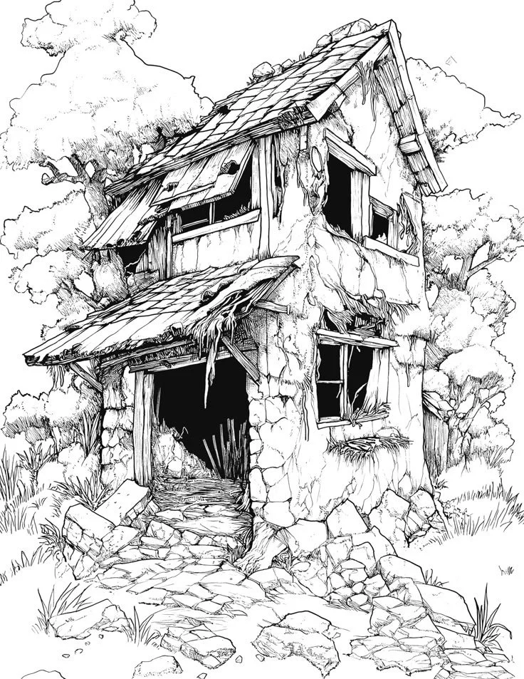 A Free Coloring Book Page of a black and white drawing of an old, abandoned house with broken windows, a damaged roof, and crumbling walls, surrounded by trees and overgrown grass.