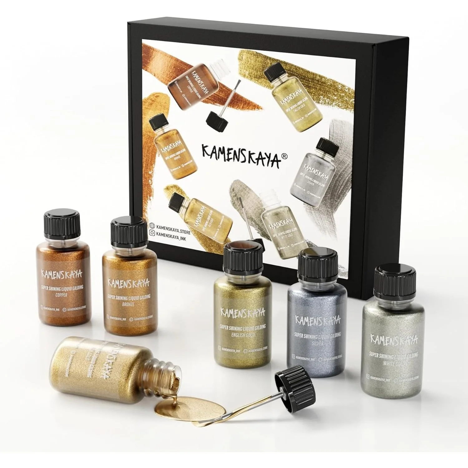 Liquid Leaf Paint - Gilding Paint Set - Rich & English Gold, Silver, Bronze, Copper, White Gold - 6 pcs. 0.68 fl oz (20 ml) $49.99