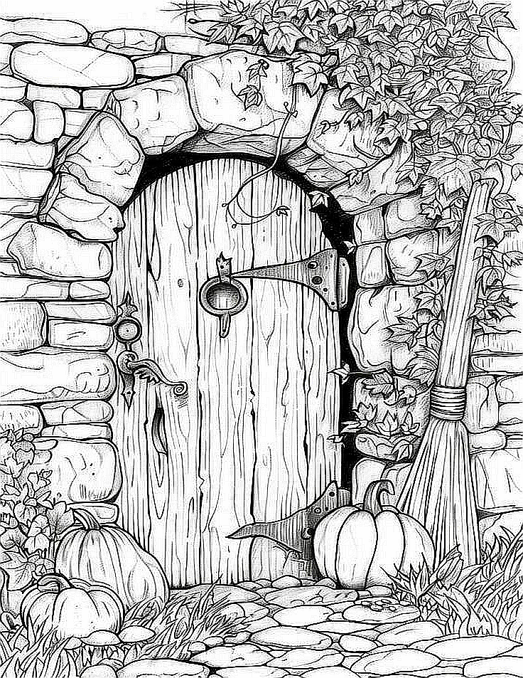 A Free Coloring Page of a black and white line drawing of a rustic wooden door set into a stone wall, surrounded by pumpkins, a broom, a hat, ivy, and grass.