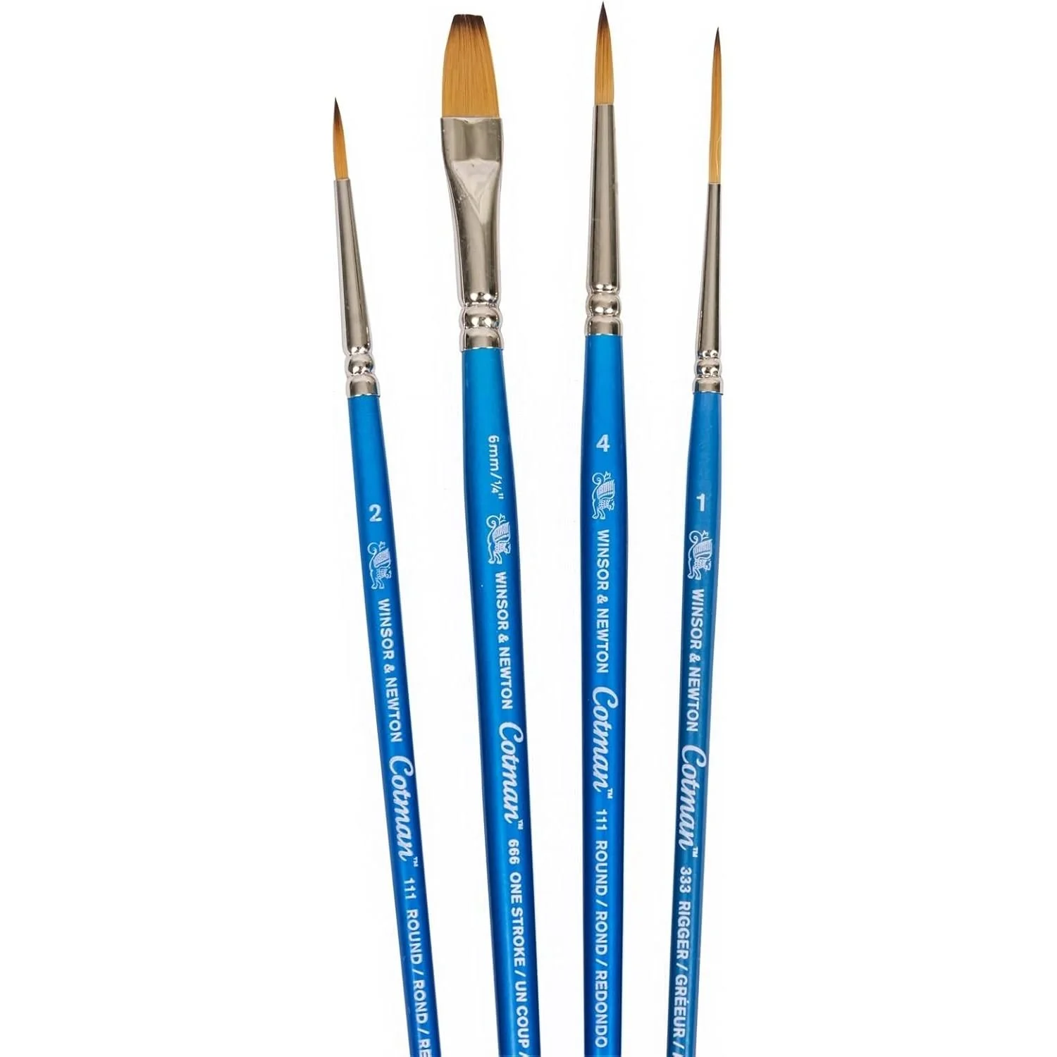 Winsor & Newton Cotman Short Handle Brushes, Set of 4, (Round 2 & 4, Rigger 1, One Stroke 1/4")     $23.00