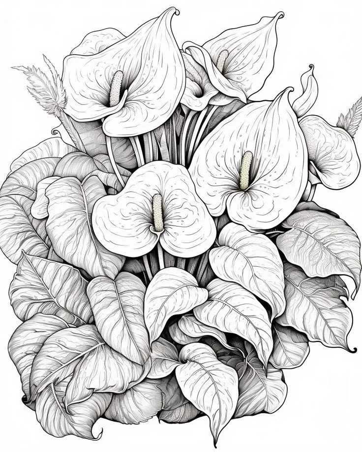 A Free Coloring Book Page of a black and white illustration of a bouquet of calla lilies surrounded by large leaves and smaller plants.