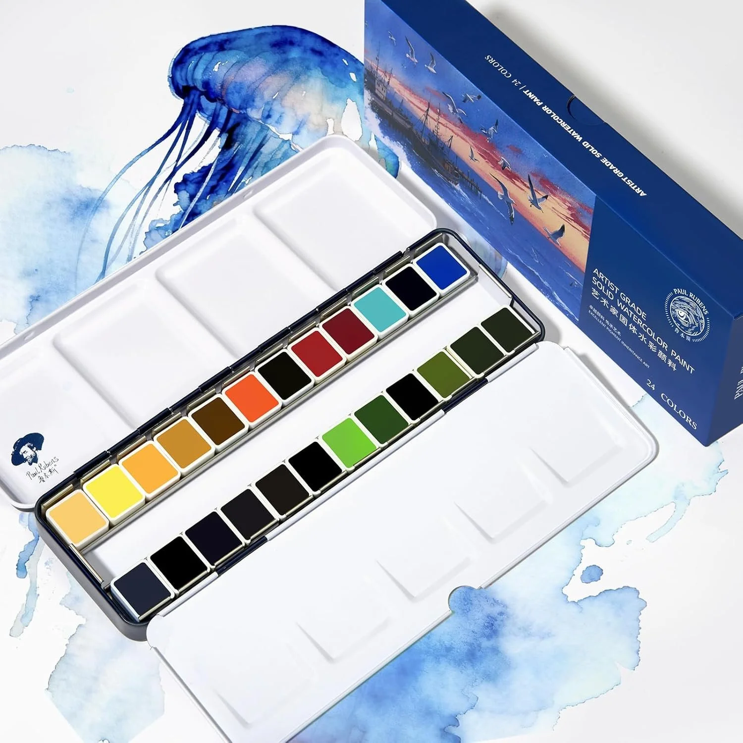 Paul Rubens Professional Watercolor Set 24 pc, Vibrant high quality pigments, Ocean Colors for Seascape Painting  $40.49
