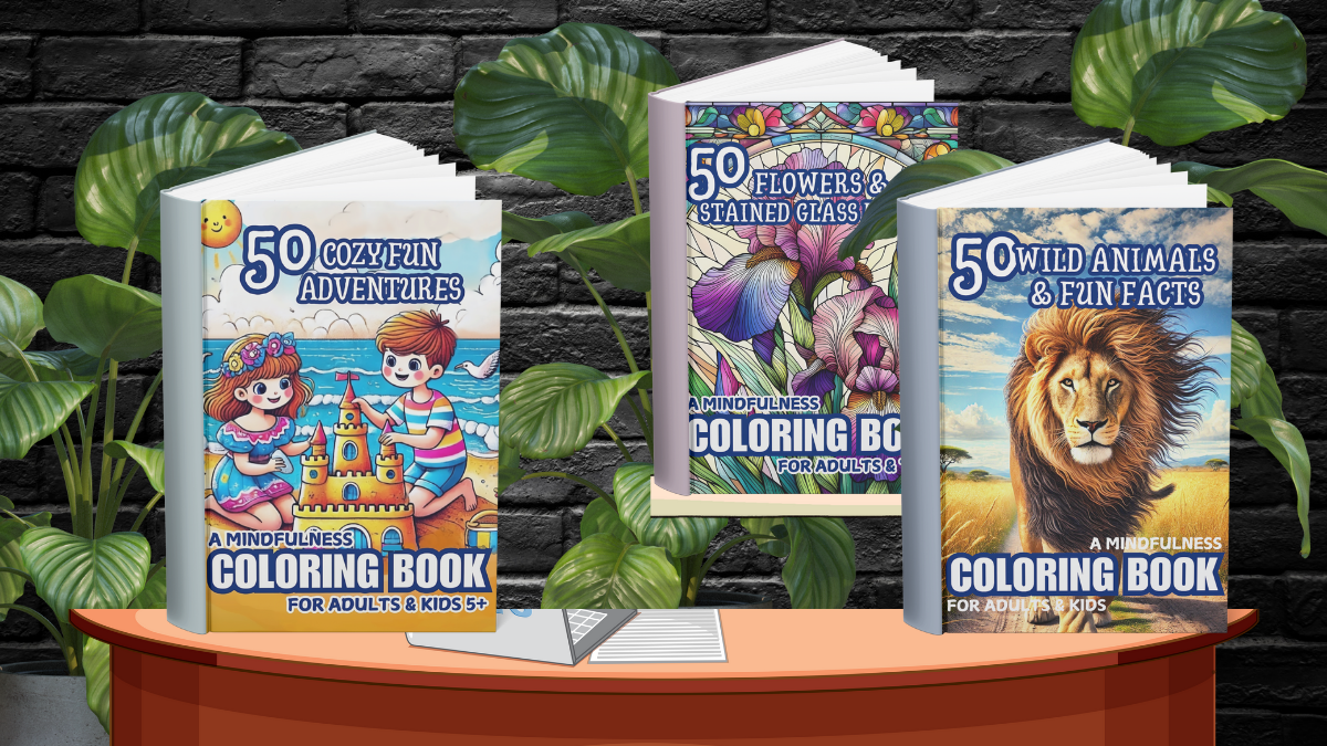 Three coloring books for all ages providing hours of mindfulness activity, stress relief, and improved creative thinking. The books are titled "50 Cozy Fun Adventures," "50 Flowers & Stained Glass," and "50 Wild Animals & Fun Facts."