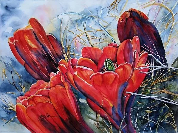 Watercolor painting of red cactus flowers with spines and vibrant background.