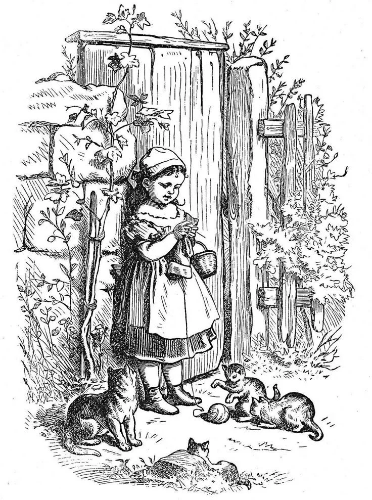 A Free Coloring page of a young girl in a dress and headscarf standing outside a wooden gate, surrounded by plants, with three cats playing on the ground, and the girl holding something in her hands.