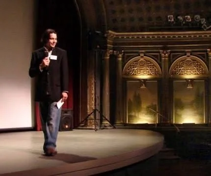 The Fall of '55 director Seth Randal speaking at the historic Bing Crosby Theater in Spokane Washington after the Spokane International Film Festival.