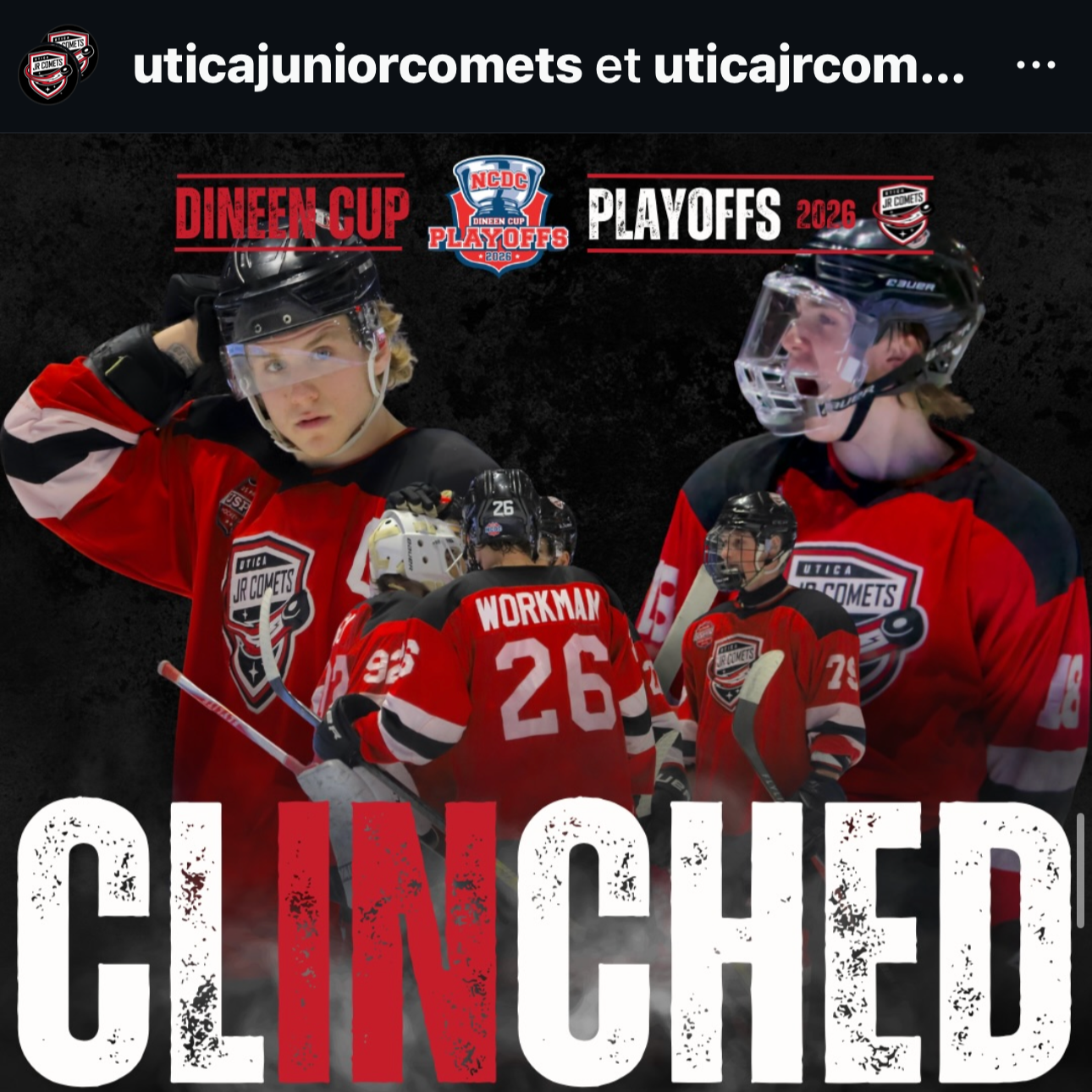 Utica Jr. Comets Instagram post using multiple Snapshot Photos of their players to announce their clinched berth in the 2026 NCDC Dineen Cup Playoffs, NCDC USPHL junior hockey photography.