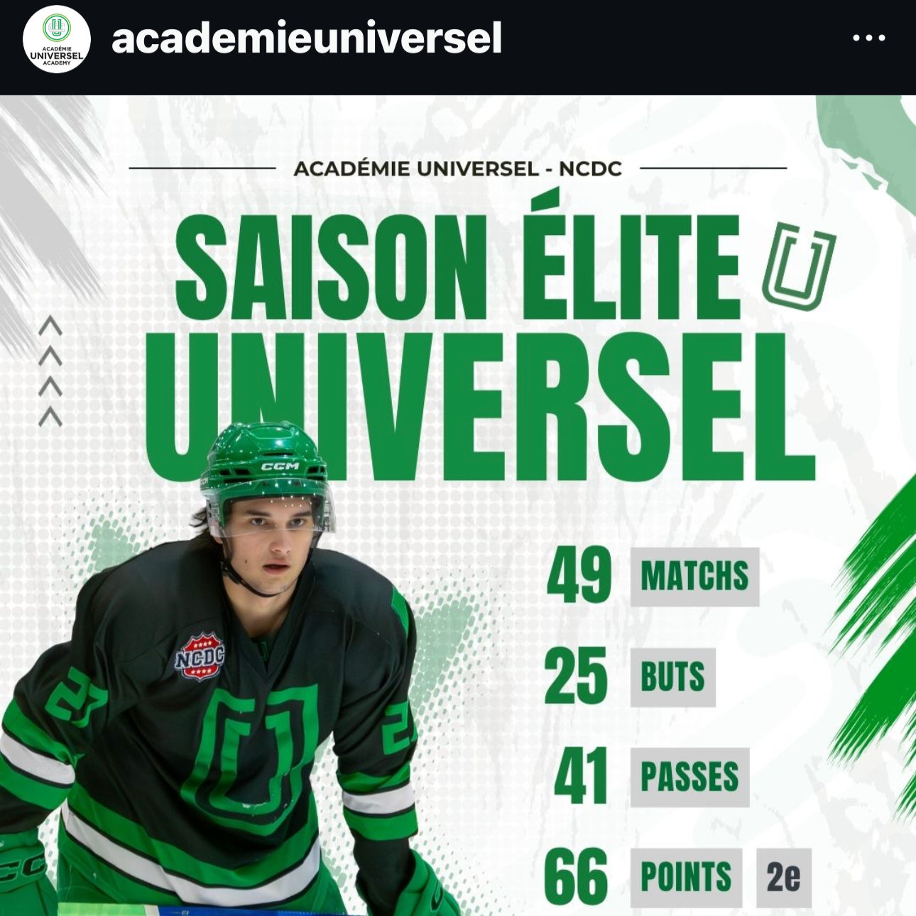 Académie Universel Instagram post using a Snapshot Photo to showcase one of their NCDC players in an elite season recap graphic — Quebec junior hockey photography.