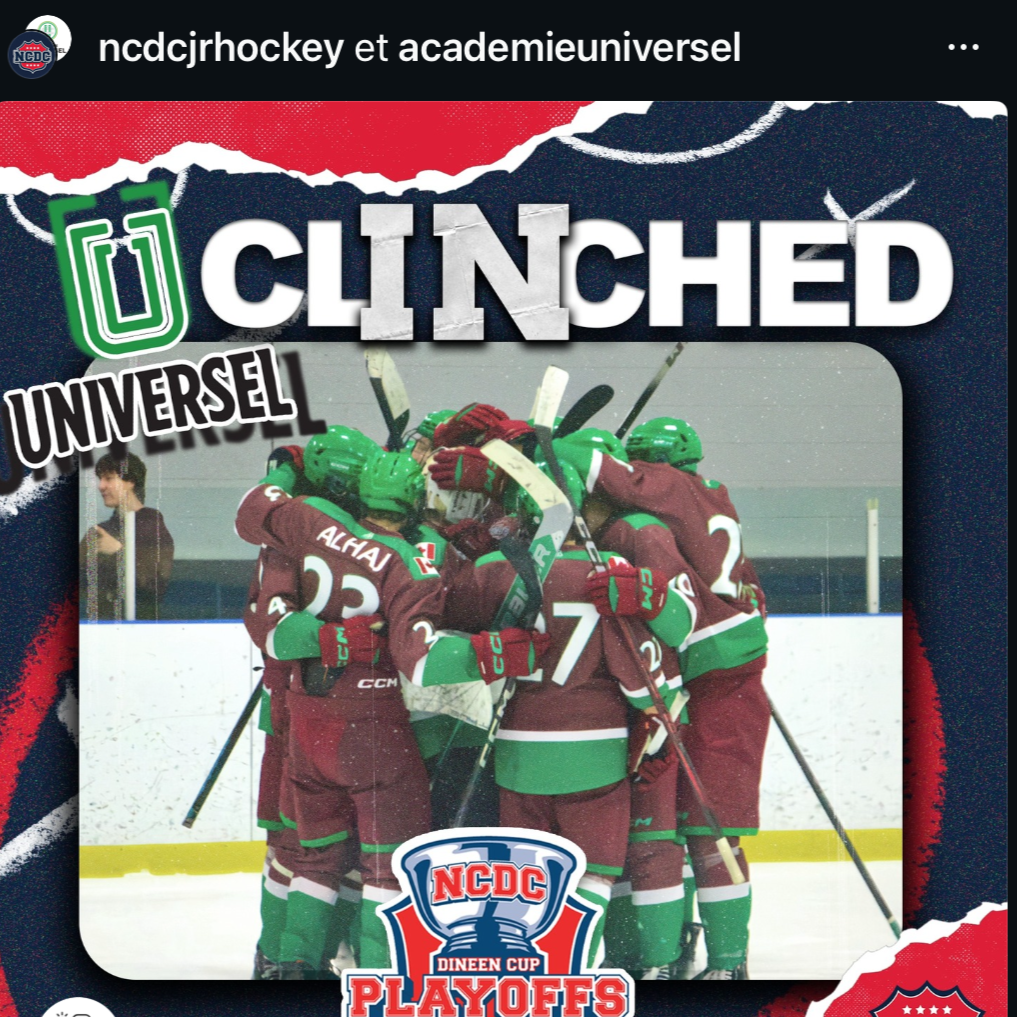 NCDC and Académie Universel official Instagram post featuring a Snapshot Photo of Universel Québec players celebrating their clinched berth in the NCDC Dineen Cup Playoffs — Quebec junior hockey photography.