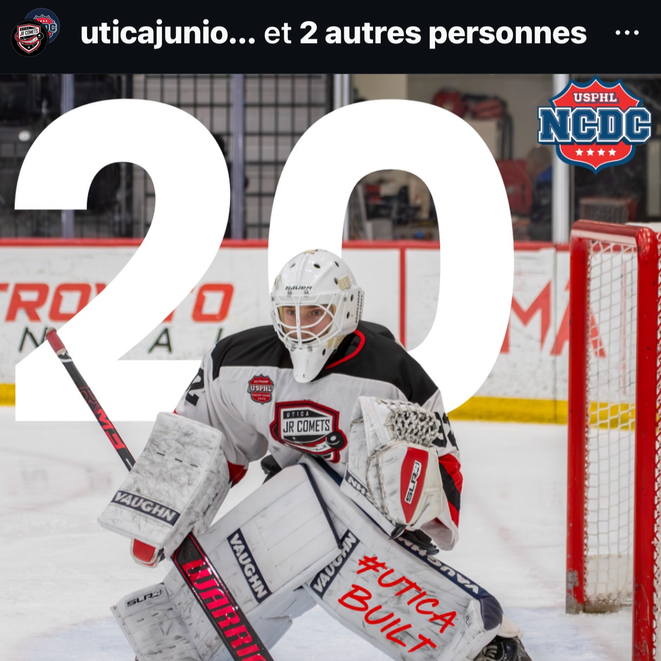 Utica Jr. Comets Instagram post using a Snapshot Photo of their goalie to celebrate a program record of 20 wins in a single NCDC USPHL season — ice hockey photography.