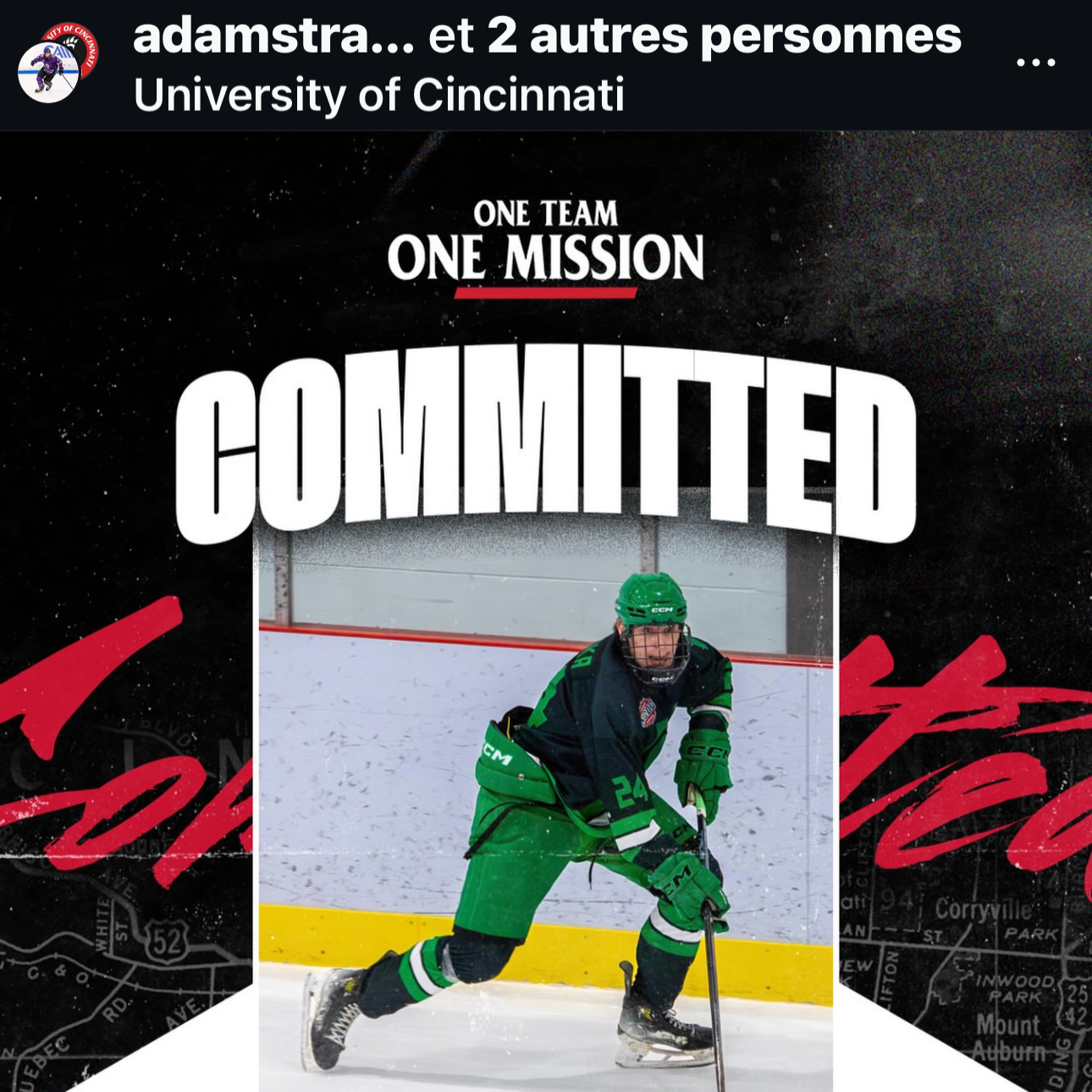 Académie Universel and University of Cincinnati ice hockey Instagram post using a Snapshot Photo to announce a player's college commitment — Quebec junior hockey recruitment photography.
