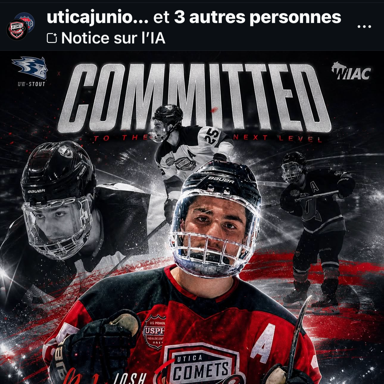 Utica Jr. Comets and NCDC official Instagram post featuring Snapshot Photo images of Josh Galizia #25 announcing his college commitment to UW-Stout — USPHL junior hockey player recruitment photography.