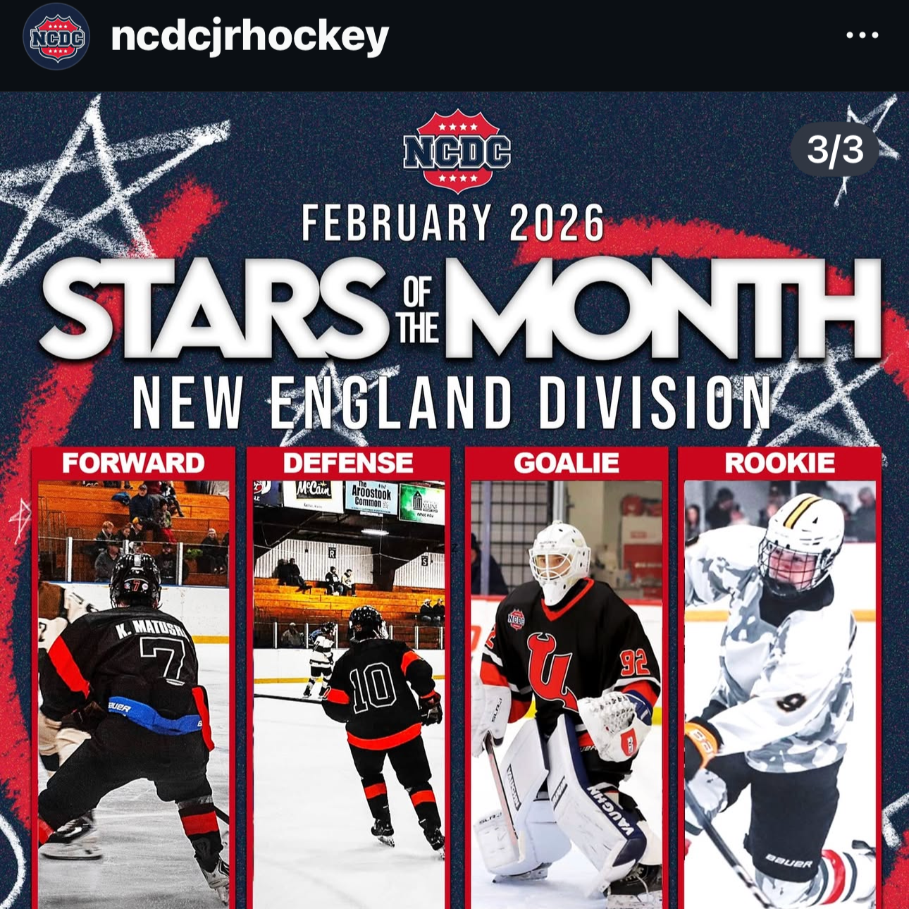 NCDC official Instagram post featuring a Snapshot Photo of Utica Jr. Comets goalie #92 selected as February 2026 Star of the Month for the New England Division — USPHL NCDC junior hockey photography.