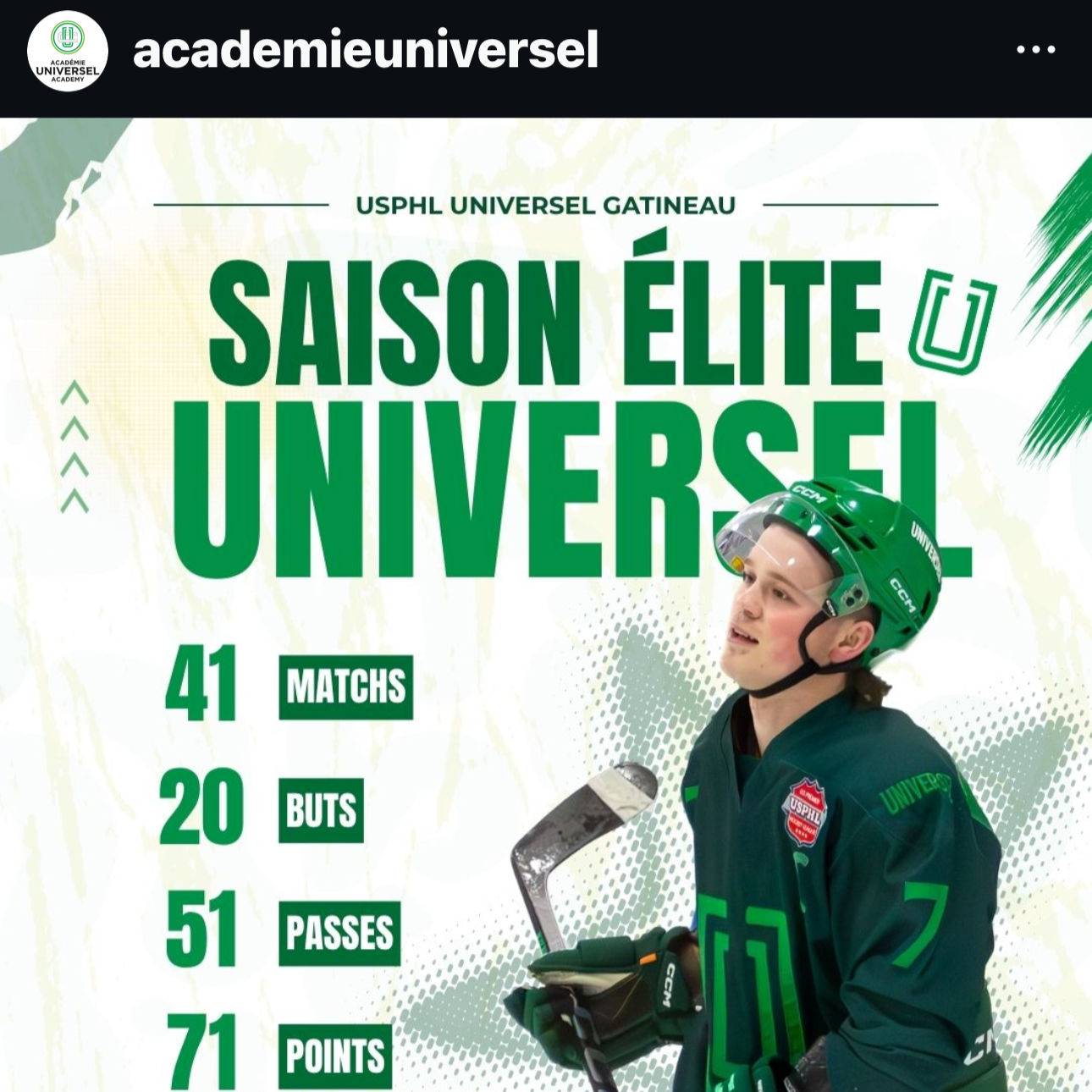 Académie Universel Instagram post using a Snapshot Photo to represent a Universel Gatineau USPHL Premier player in their elite season recap graphic — Quebec junior hockey photography.