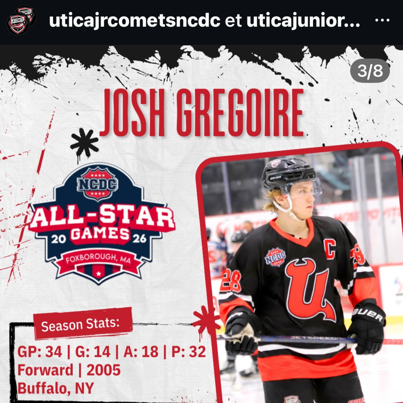 Utica Jr. Comets Instagram post featuring a Snapshot Photo of captain Josh Gregoire #28 used to announce his selection to the 2026 NCDC All-Star Games, USPHL junior hockey photography.