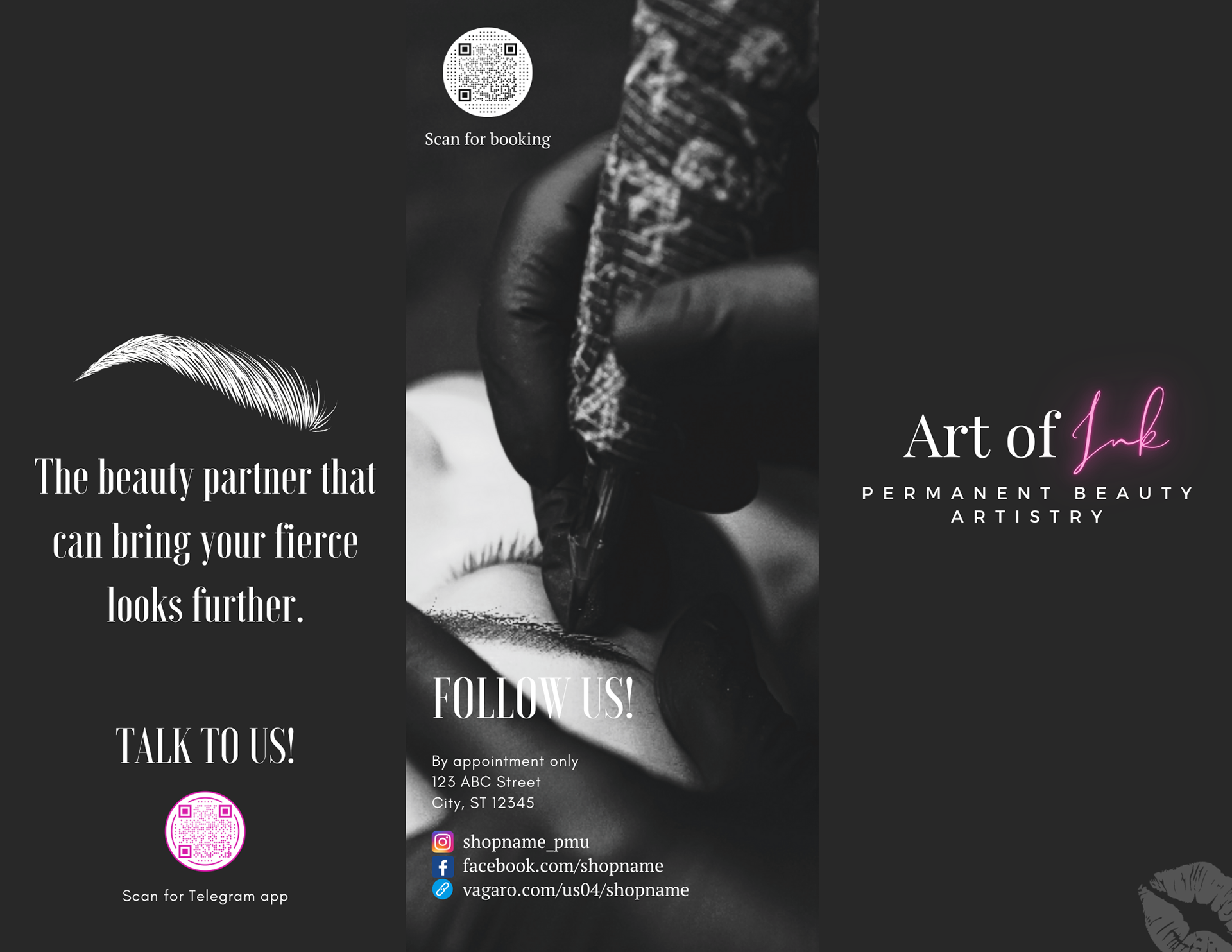 Tri-fold brochure designed to showcase permanent beauty services including microblading and lip blush treatments. The design uses high-contrast imagery and structured layout to highlight services and results.