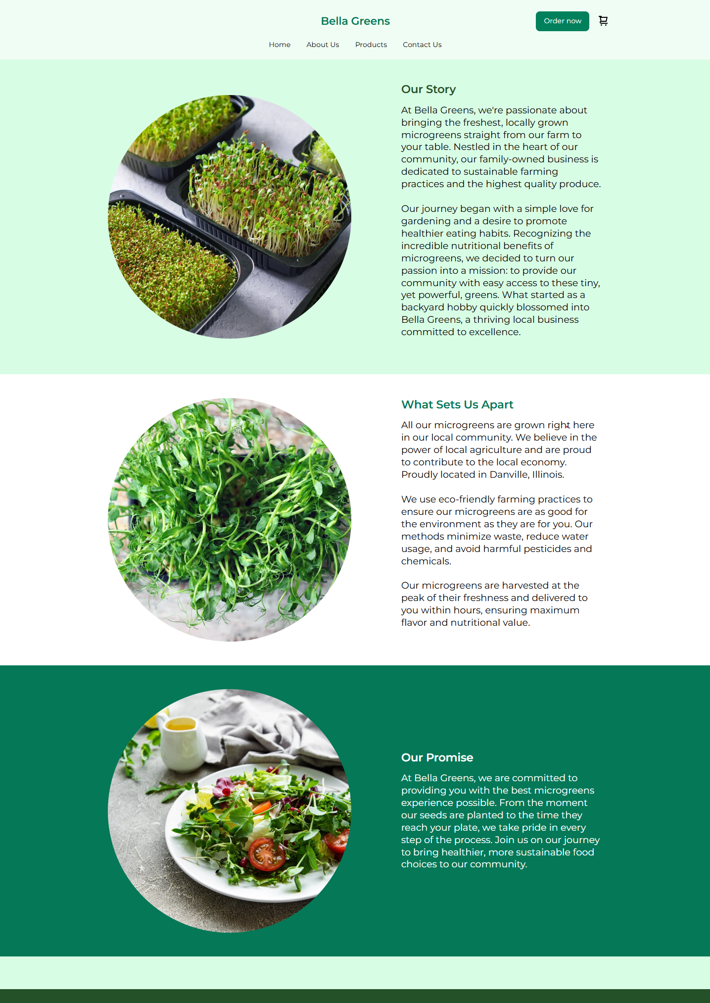 Website for Bella Greens featuring images of microgreens and fresh salad, with sections describing their story, farming practices, and promise.