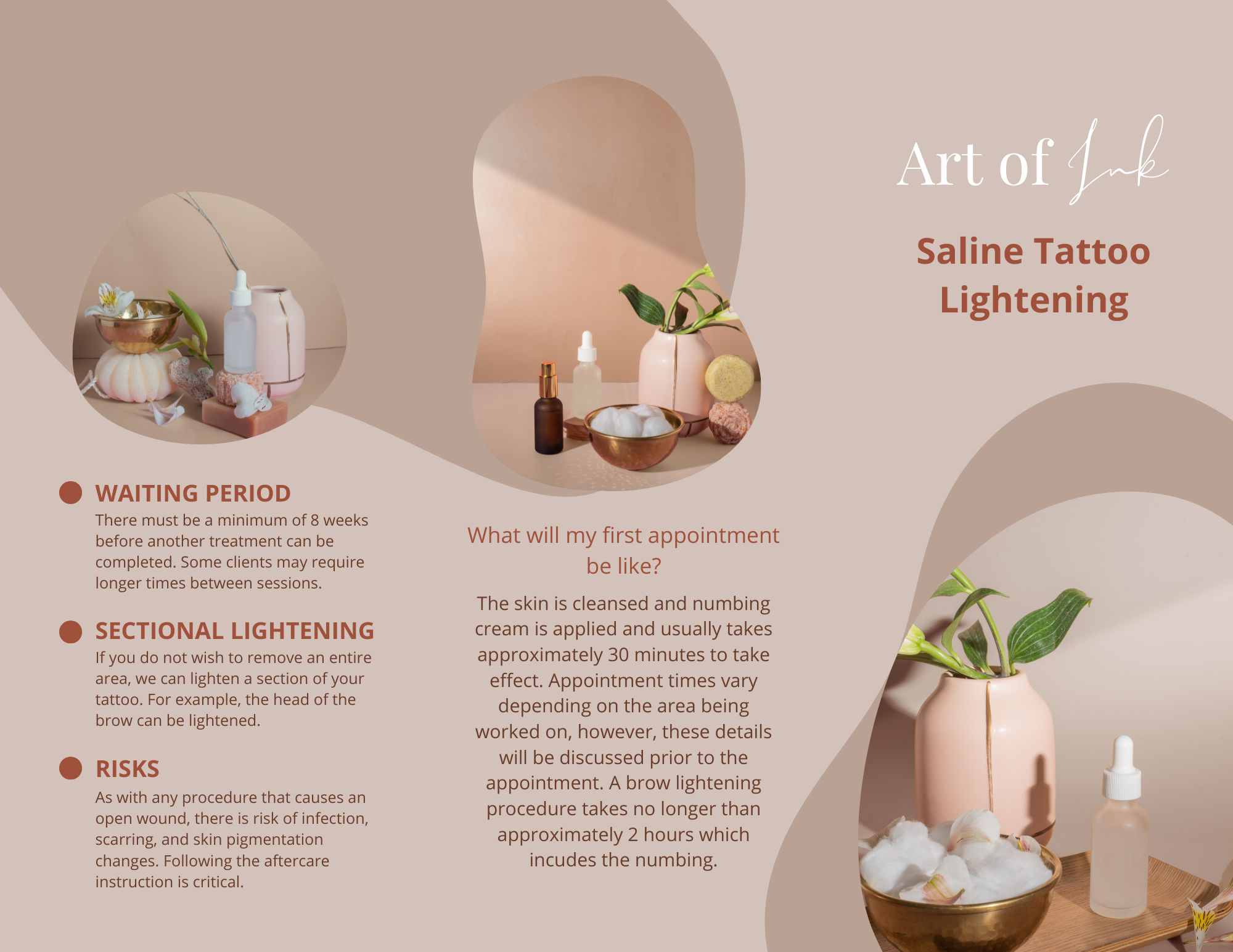 Informational brochure explaining saline tattoo and pigment lightening treatments. Soft neutral tones and organic shapes create a calm, approachable aesthetic while communicating the treatment process.
