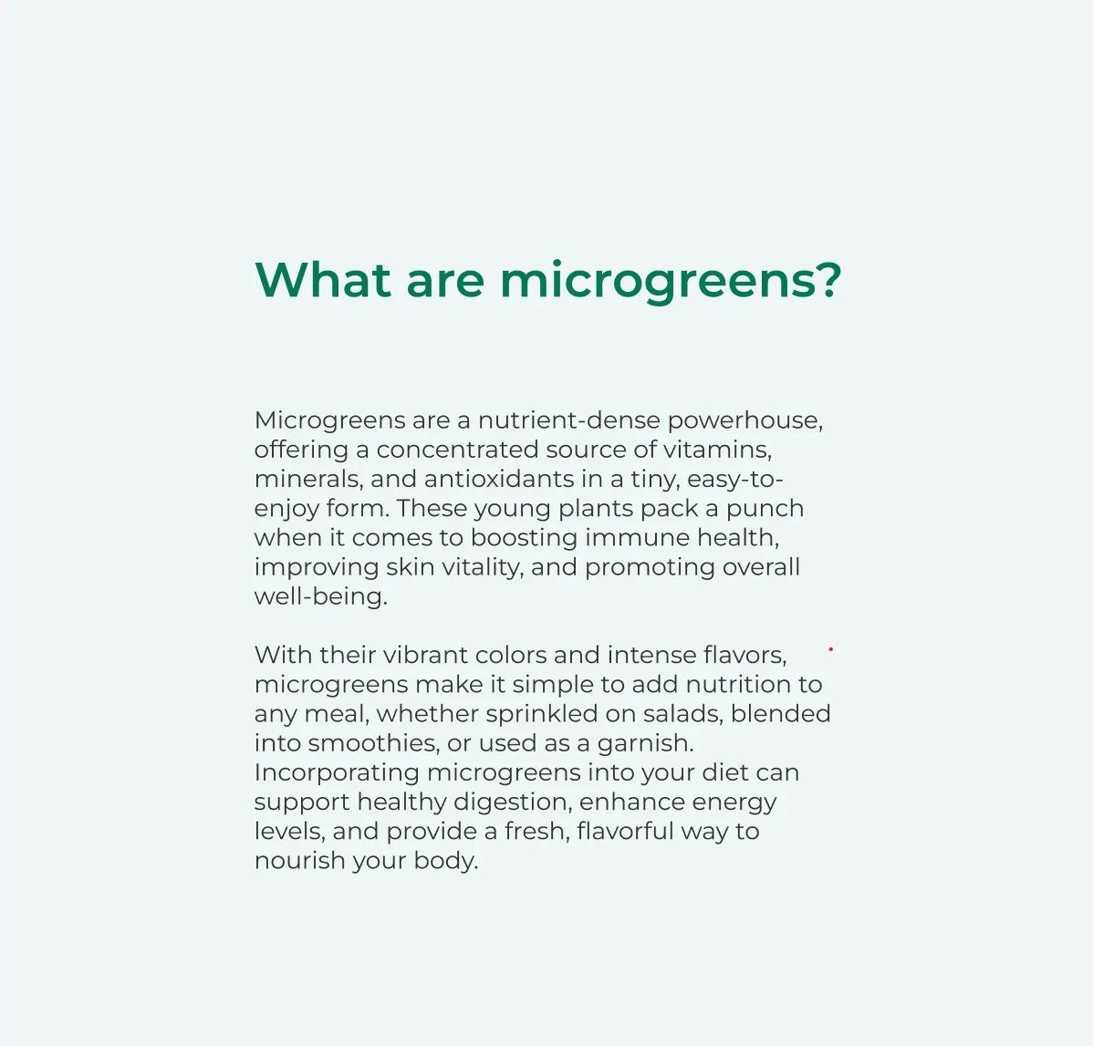 Educational Bella Greens graphic explaining the nutritional benefits of microgreens, including vitamins, minerals, antioxidants, digestion support, and overall wellness, on a soft light green background.