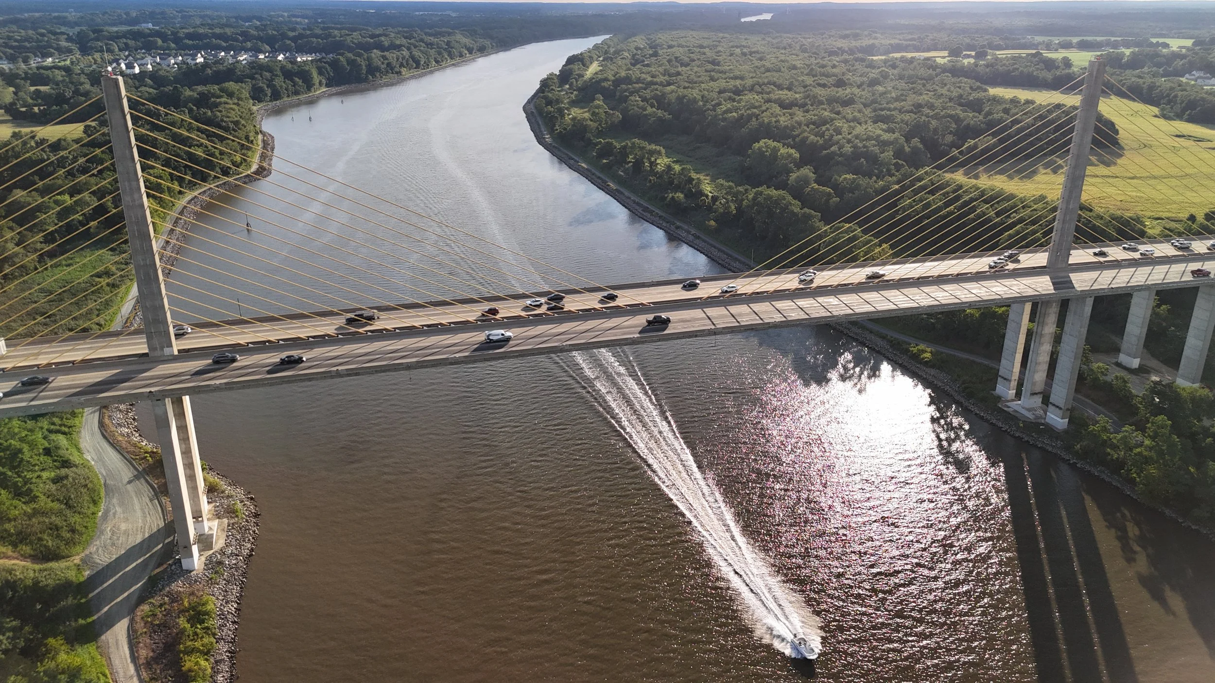 An aerial view of a cable-stayed bridge crossing over a river with vehicles traveling on it, surrounded by lush green trees and open fields.