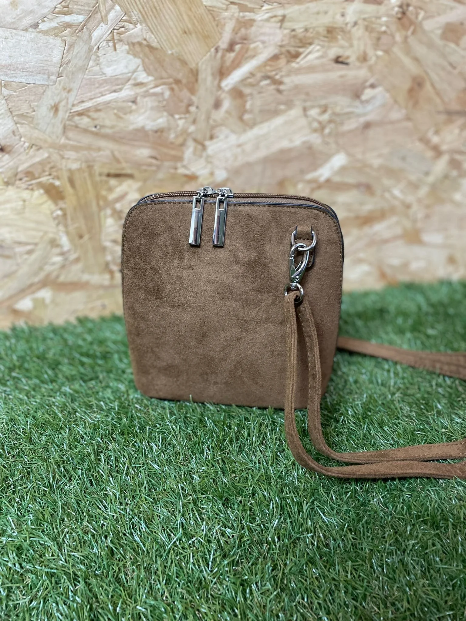 Double Zip Faux Suede Crossbody Bag