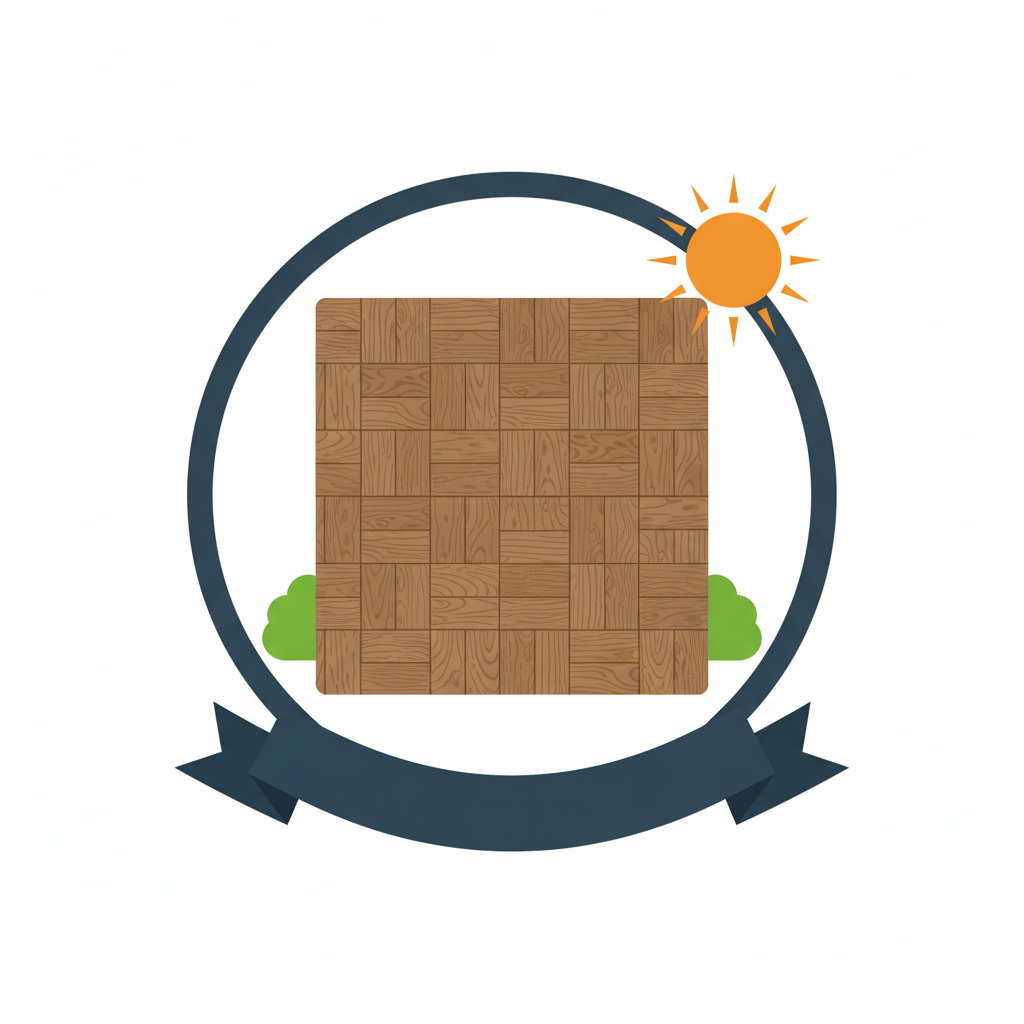 A graphic illustration of a wooden tile pattern with greenery and a sun.