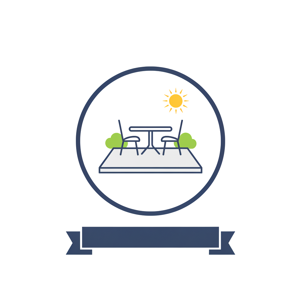 Illustration of an outdoor patio with a table and two chairs, sun shining, and greenery in the background.