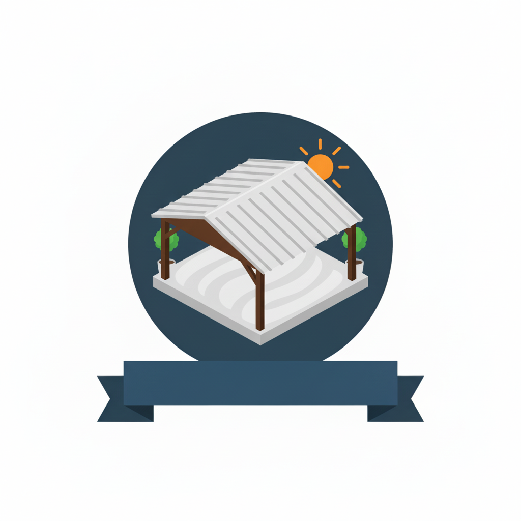 Illustration of a small outdoor shelter with a sloped roof, surrounded by two small trees, with a sun in the background.