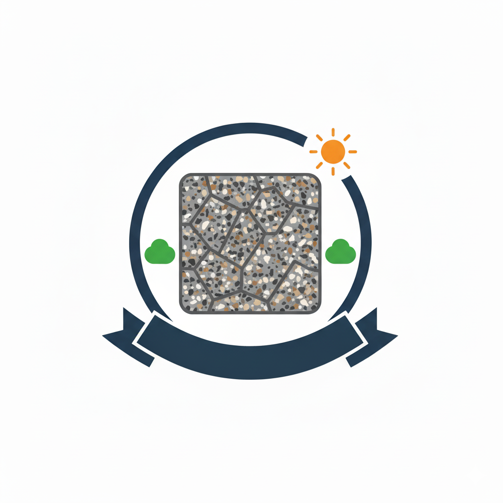 A graphic illustration of concrete with a circular arrow around it, a small sun in the network's upper right, and two small green clouds on either side.