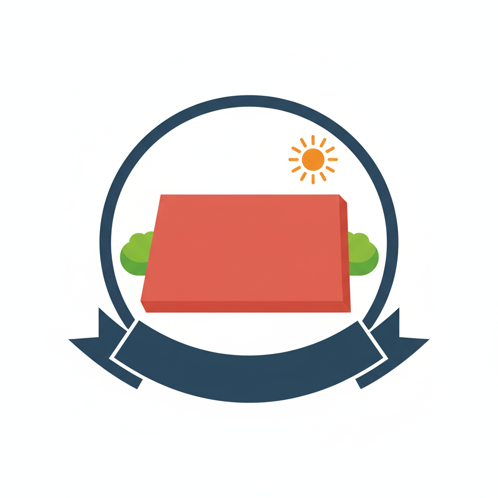 Illustration of a red house with green bushes, a sun in the sky, in a circular badge with a blue ribbon below.