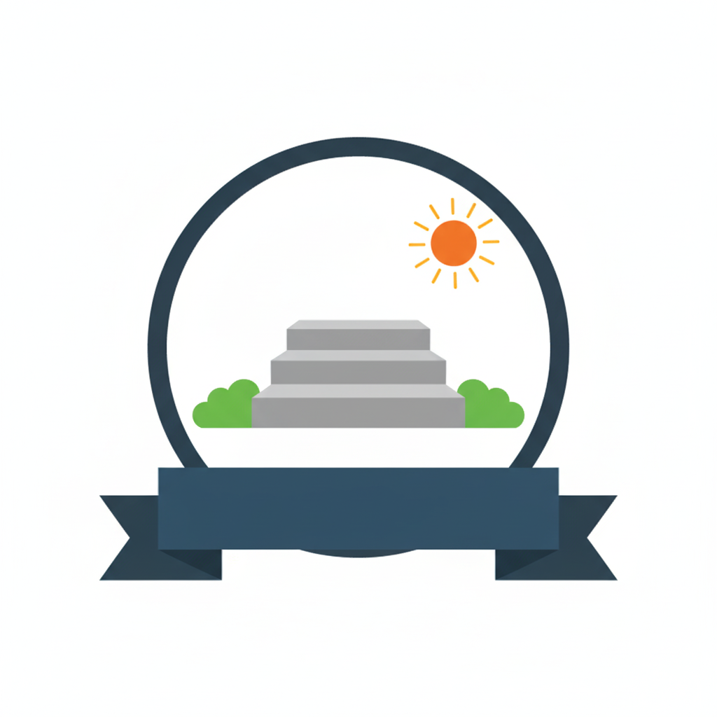 A digital illustration of an award badge with a mountain of stairs, green bushes, a sun, and a banner at the bottom.