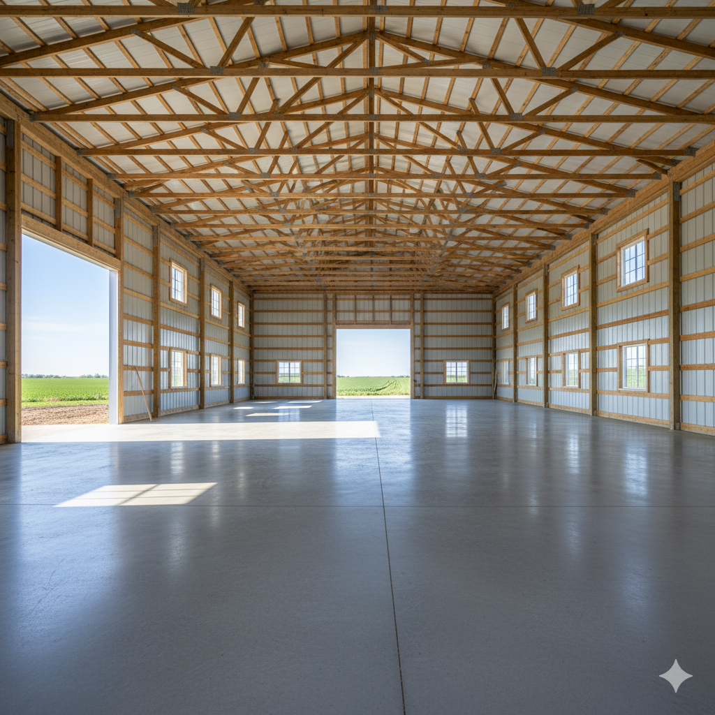 Empty metal barn with wooden roof trusses, large open door, and multiple small windows, with farmland outside.