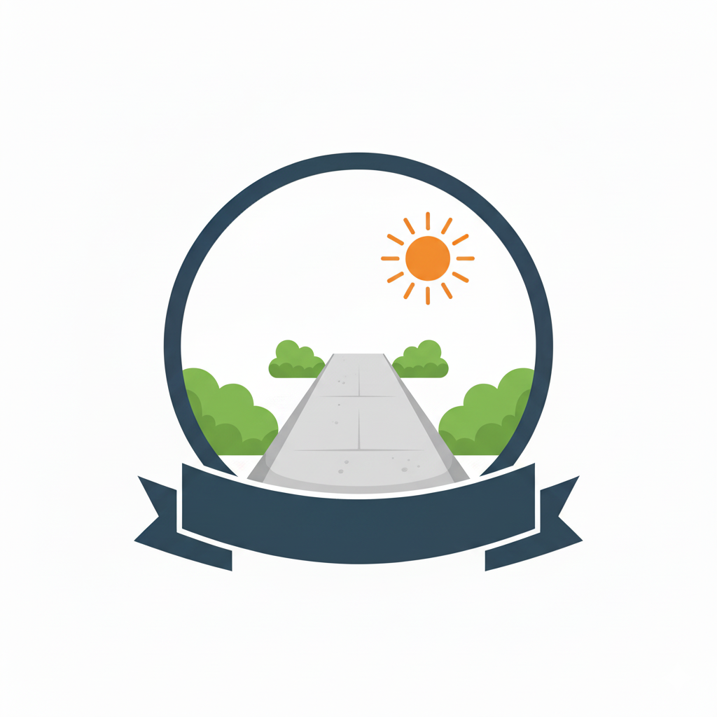 Logo of a pathway under a sun with bushes on sides, surrounded by a circular border and a ribbon banner at the bottom.