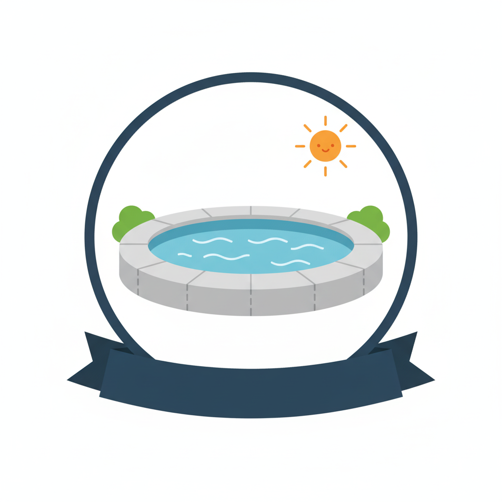 Simple illustration of a swimming pool outdoors with a bright sun shining in the sky and small green bushes on either side.