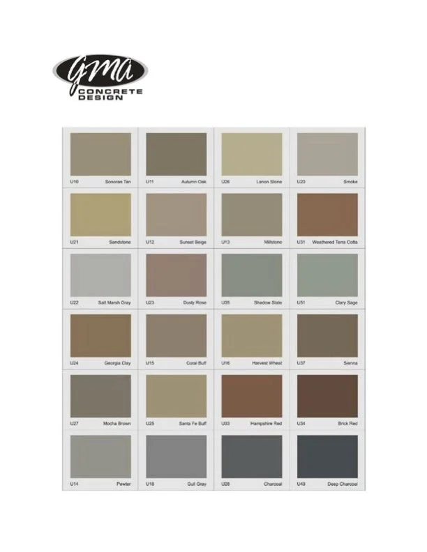 Color palette chart from Yuma Concrete Design displaying various paint colors with their names and codes, arranged in a grid.