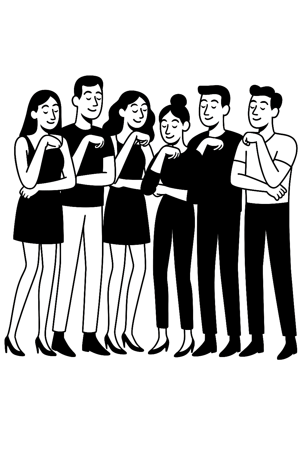 Line drawing of six diverse people standing together, smiling with thumbs up signs