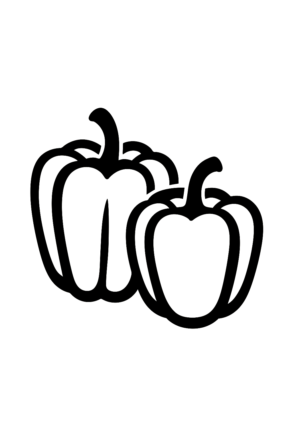 Black and white line drawing of two bell peppers, one slightly larger, with stems curving outward.