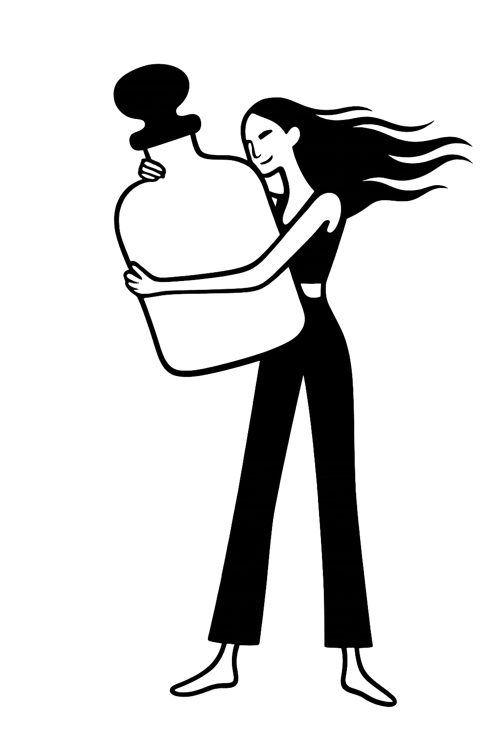 A woman with long flowing hair is smiling and holding a large pot with a lid, appearing happy and excited.