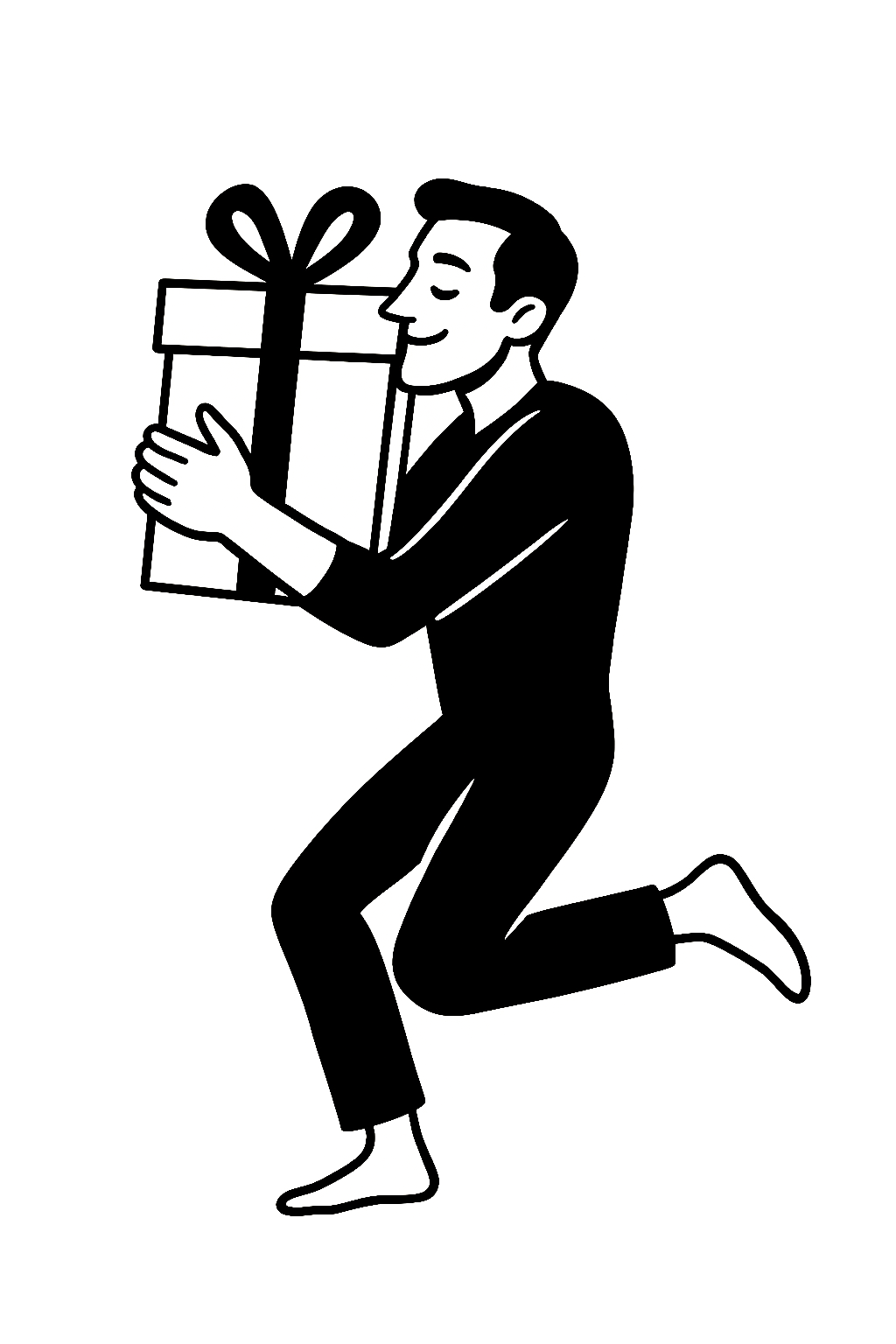A cartoon man kneeling on one knee, holding a large gift box with a ribbon and bow, smiling with eyes closed.