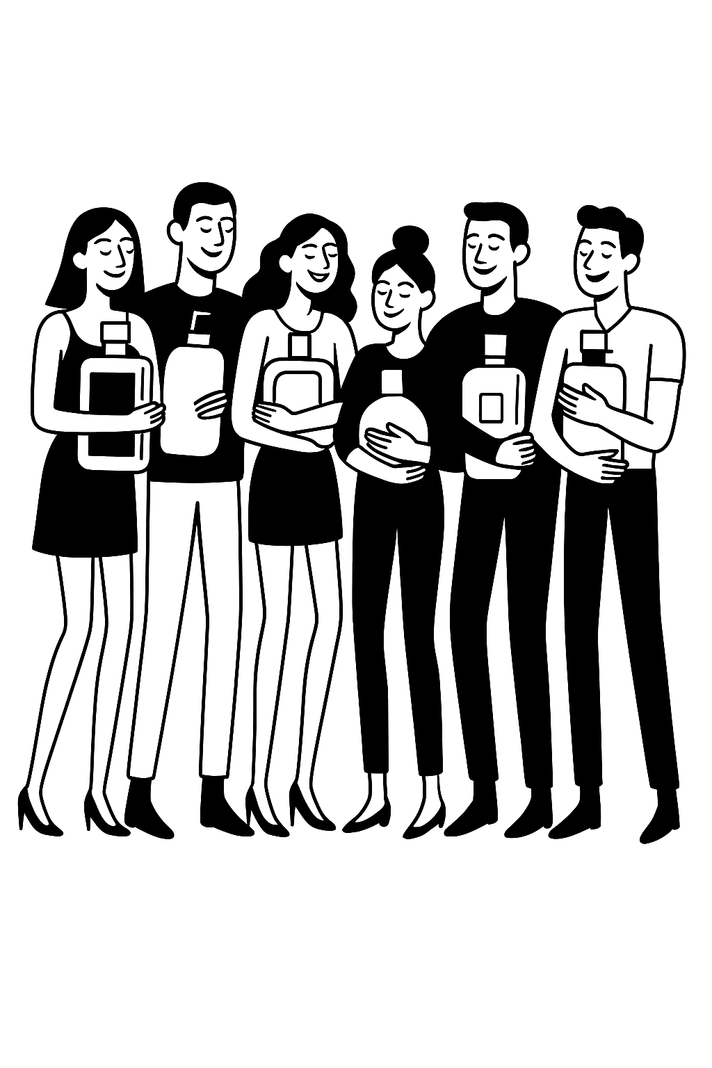 Line art illustration of six diverse young adults standing together, smiling, and holding various objects such as bottles, a helmet, and a book.