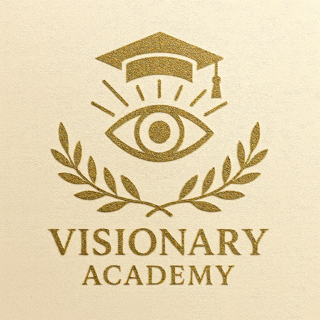Logo of Visionary Academy featuring an eye, a graduation cap, and laurel branches.