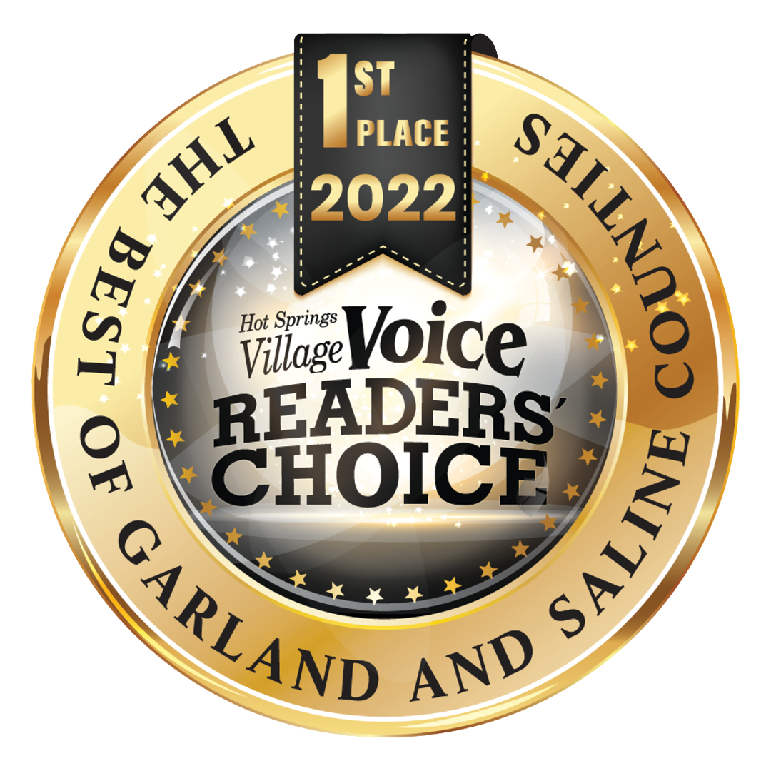 Gold and black award badge with star accents, reading: '1st Place 2022', 'Hot Springs Village Voice Readers' Choice,' and 'Best of Garland and Saline Counties.'