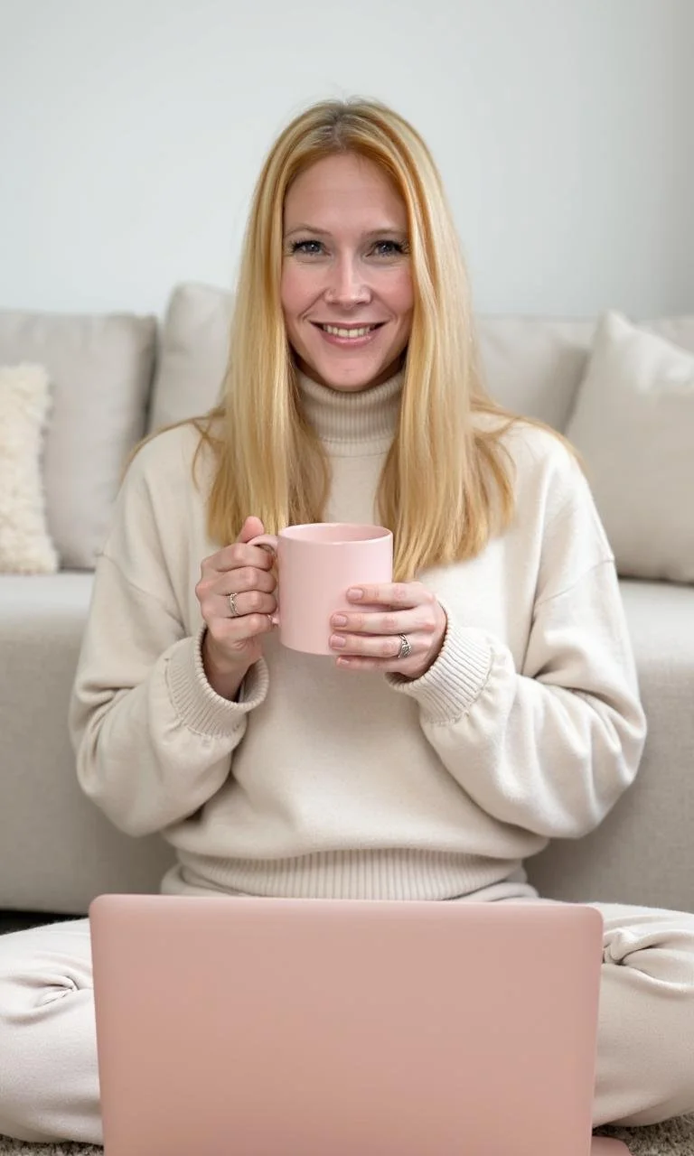 A woman with long blonde hair sitting on the floor in front of a laptop, holding a pink mug, and smiling at the camera. She is wearing a beige turtleneck sweater, with a white or light-colored sofa in the background.