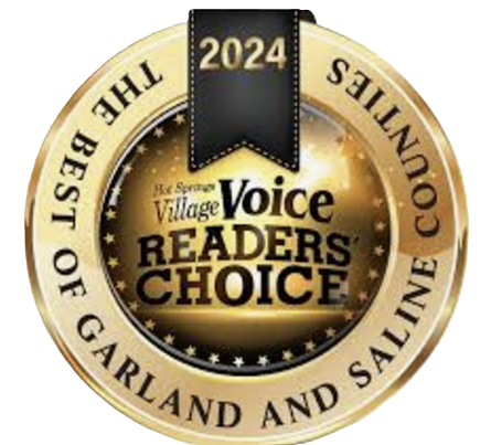 Gold circular badge with black ribbon at the top displaying the year 2024. Text reads, "The Best of Garland and Saline Counties Voice Readers' Choice 2024."