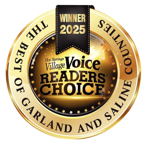 Gold and black badge with text recognizing Hot Springs Village Voice Readers' Choice for best online community in 2025, with a black ribbon at the top that says WINNER 2025.