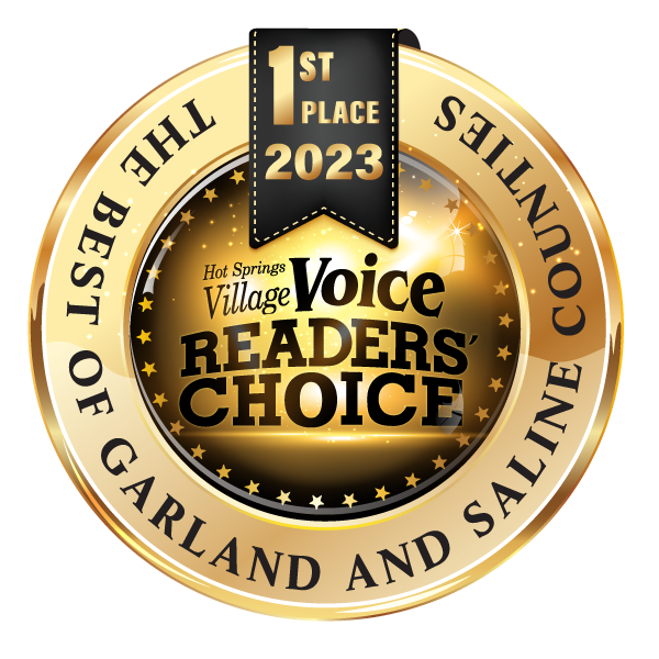 Gold and black circular award badge with the text '1st Place 2023, The Best of Garland and Saline Counties, Hot Springs Village Voice Readers' Choice.'