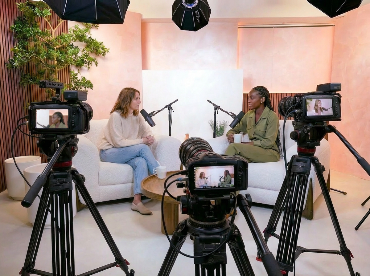 Producción de podcast con equipo audiovisual en estudio profesional de universal podcast en Barcelona