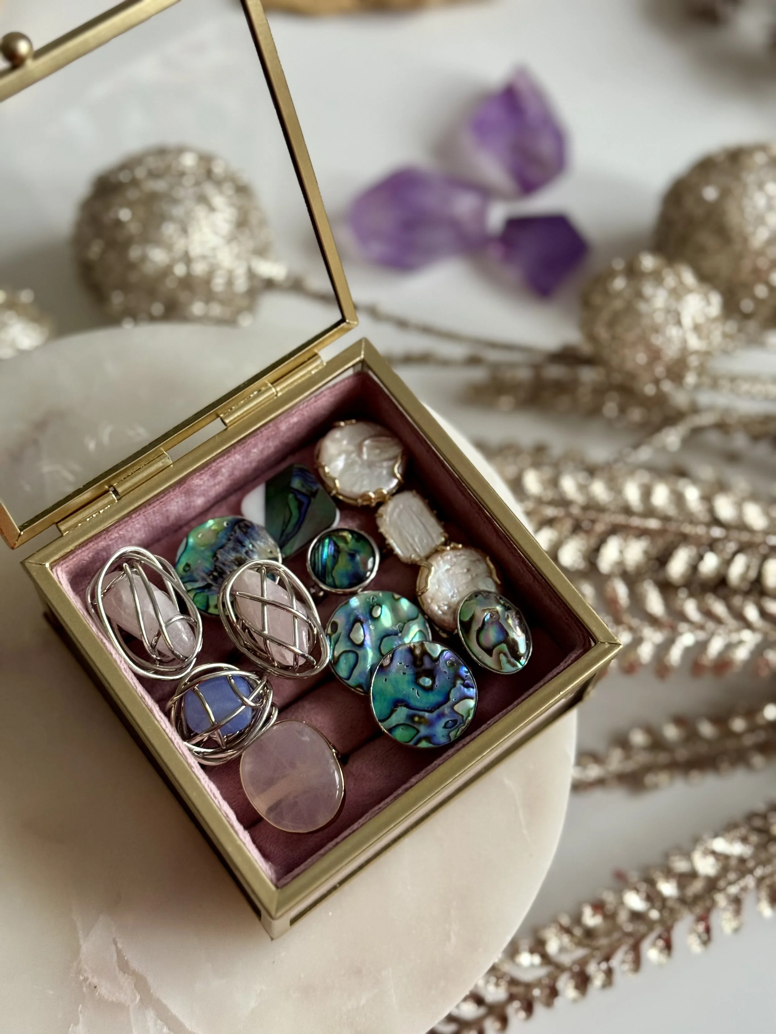 Inele scoica Abalone, sidef • Cuart roz • Cuart albastru 